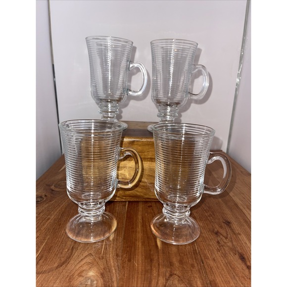 The Unbranded Brand Other - Irish Coffee Mugs Clear Cups Ribbed Pedestal Made in Portugal Set Of 4 Farmhouse